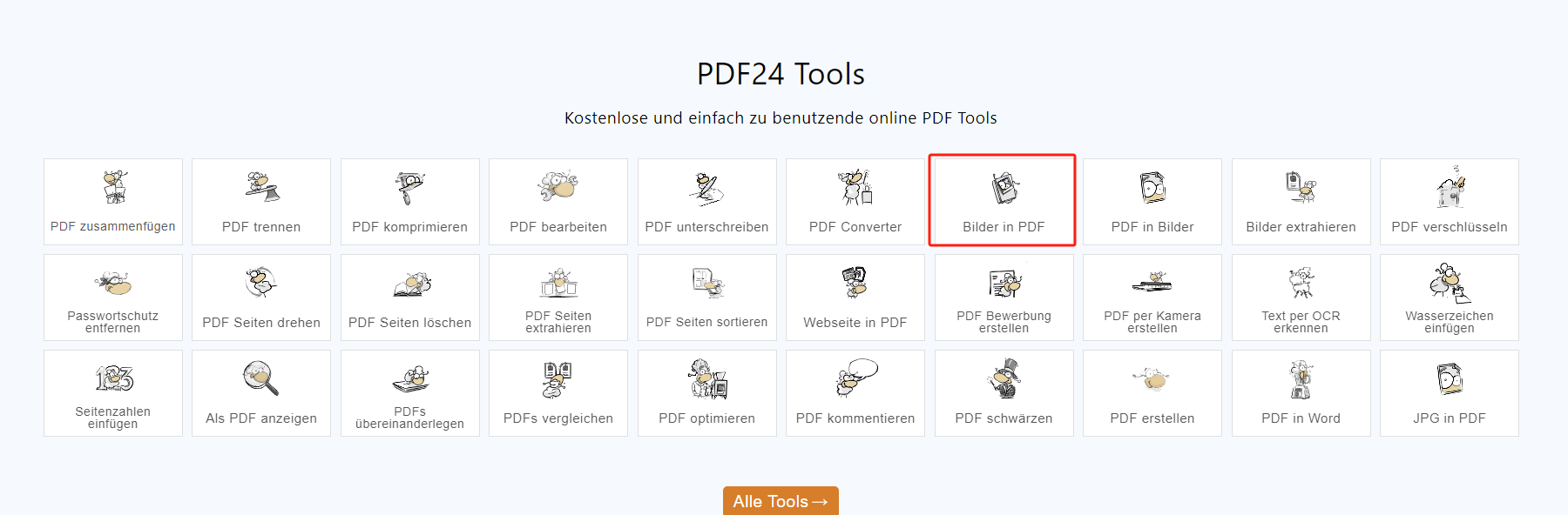 Gehen Sie zuerst auf die offizielle Webseite von pdf24, und wählen Sie den „Bilder in PDF“-Konverter auf der Startseite aus.