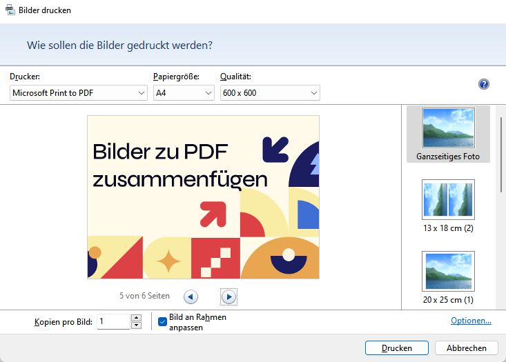 Microsoft Print to PDF ist ein in Windows integriertes Programm, mit dem Sie mehrere JPG-, PNG- und andere Bilder als ein PDF speichern können