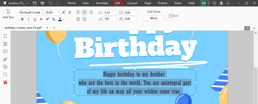 Make birthday wishes for brother card with SwifDoo PDF