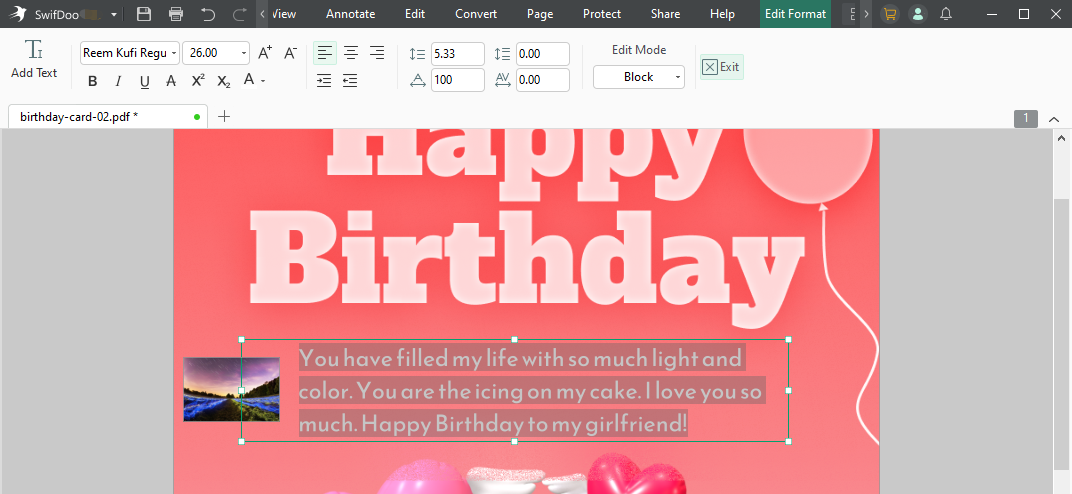 Birthday wishes for girlfriend card make with SwifDoo PDF