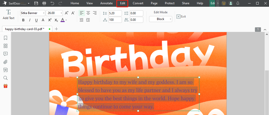 Birthday wishes for wife write with SwifDoo PDF