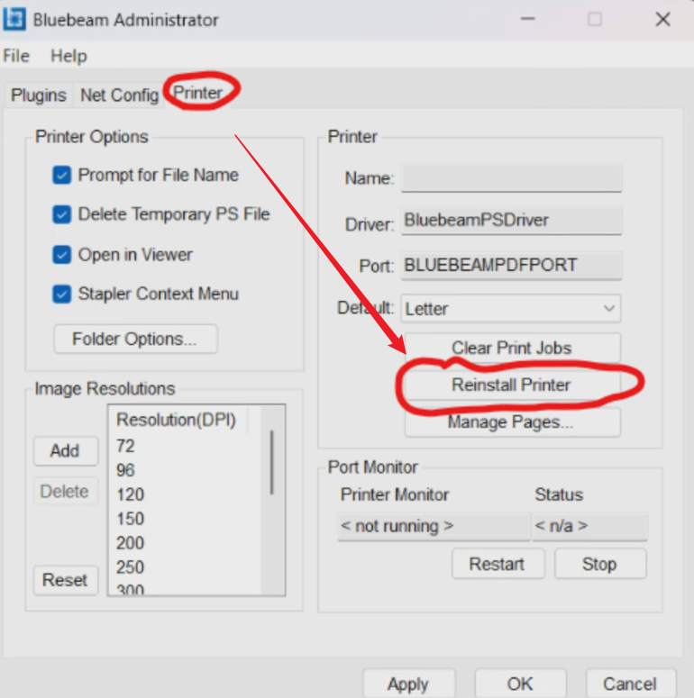 Go to the Printer tab and click the Reinstall Printer option