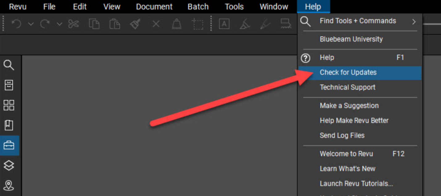 Click Help and choose the Check for Updates option in Bluebeam Revu