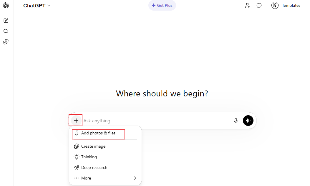 Click the plus icon to upload your target PDF into ChatGPT