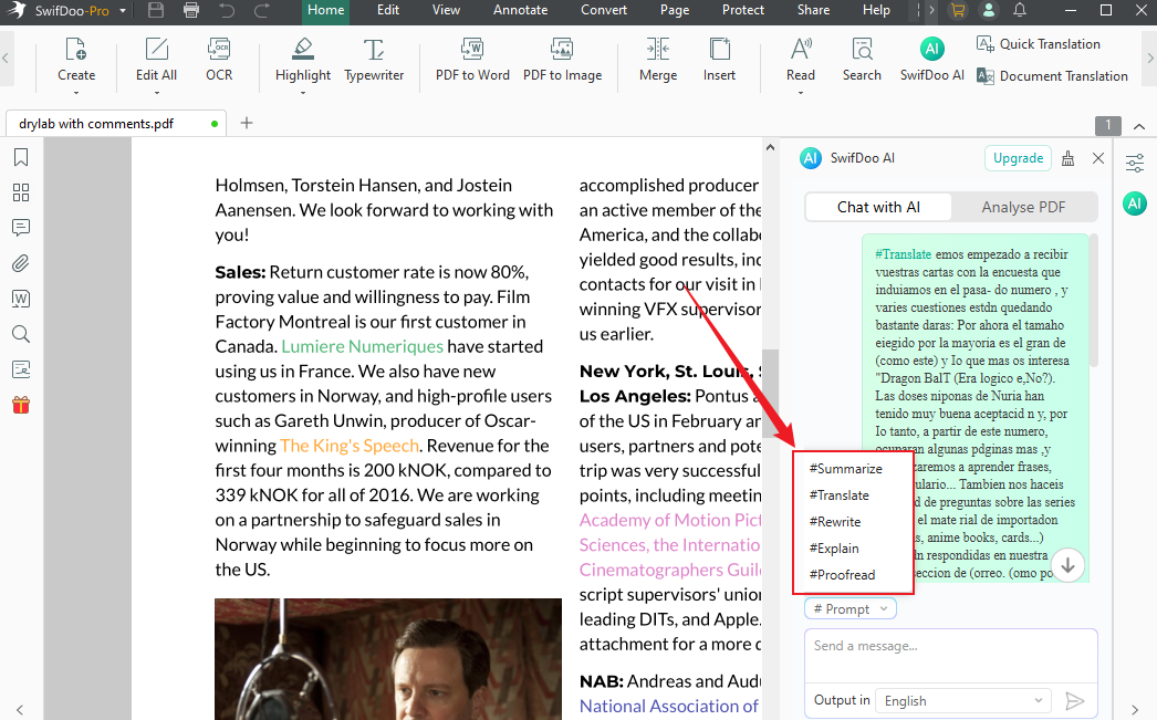 Click the Chat with AI option and choose to summarize, translate, or explain the PDF text in SwifDoo PDF