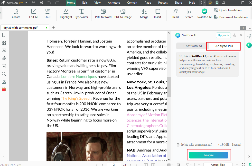Click the Analyze PDF option and click the Analyze button to analyze the PDF in SwifDoo PDF