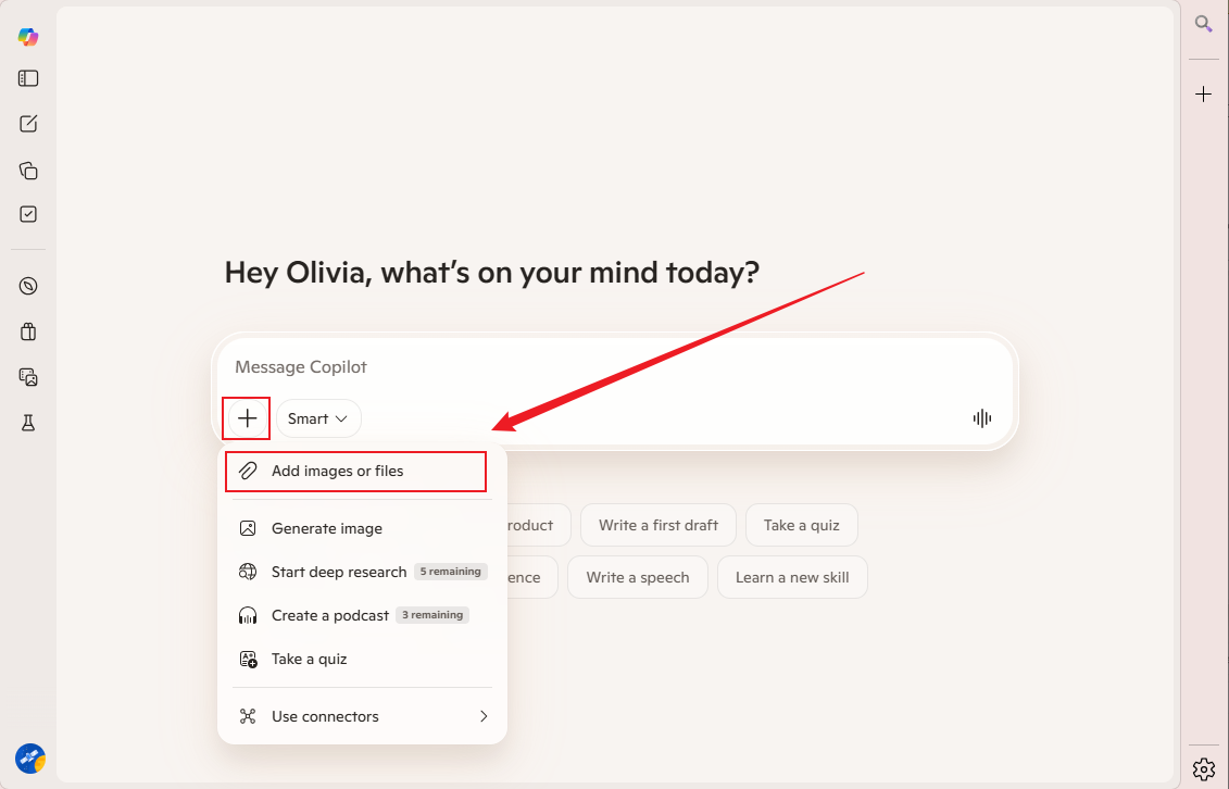 Click the + icon and select the Add images or files option in Copilot to upload your PDF