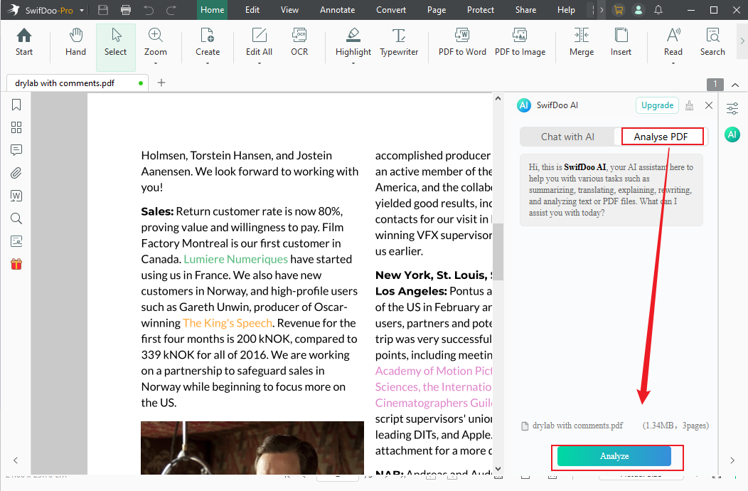 Select the Analyse PDF option in SwifDoo PDF