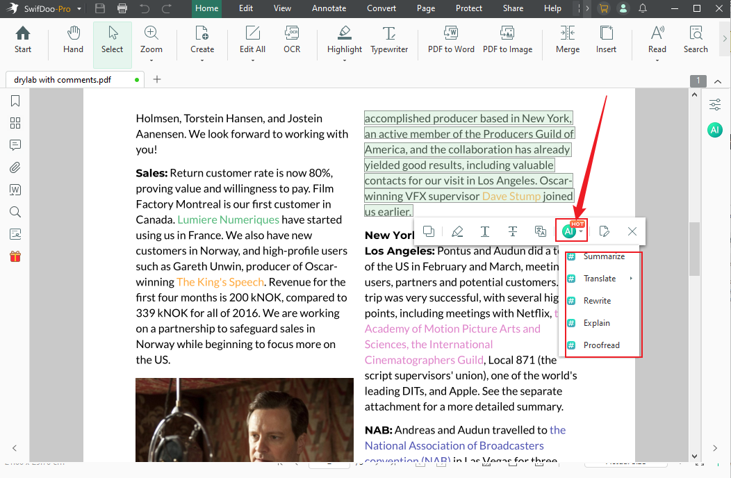 Select the text you want to analyze and click the SwifDoo AI icon in SwifDoo PDF