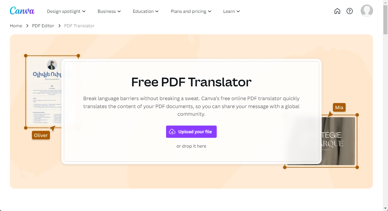Canva PDF Translator Web Page