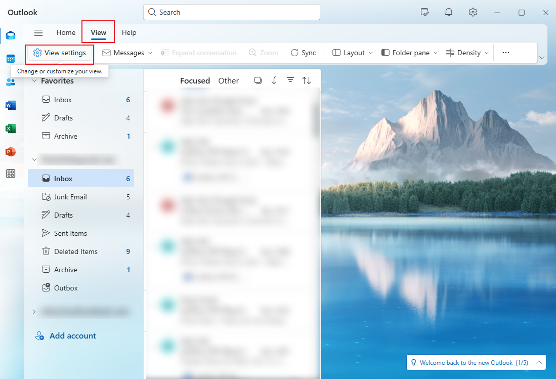 Click View and select the View settings option in Outlook on Windows