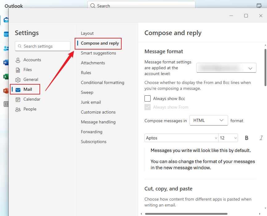 Click Mail and hit the Compose and reply option in Outlook