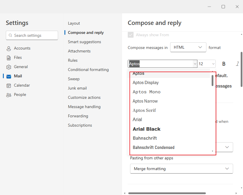 Open the font format list and choose the desired one in Outlook