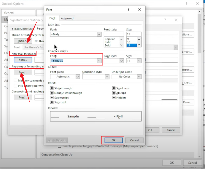 Click the Font button under the New mail messages section or the Replying or forwarding messages section in Outlook