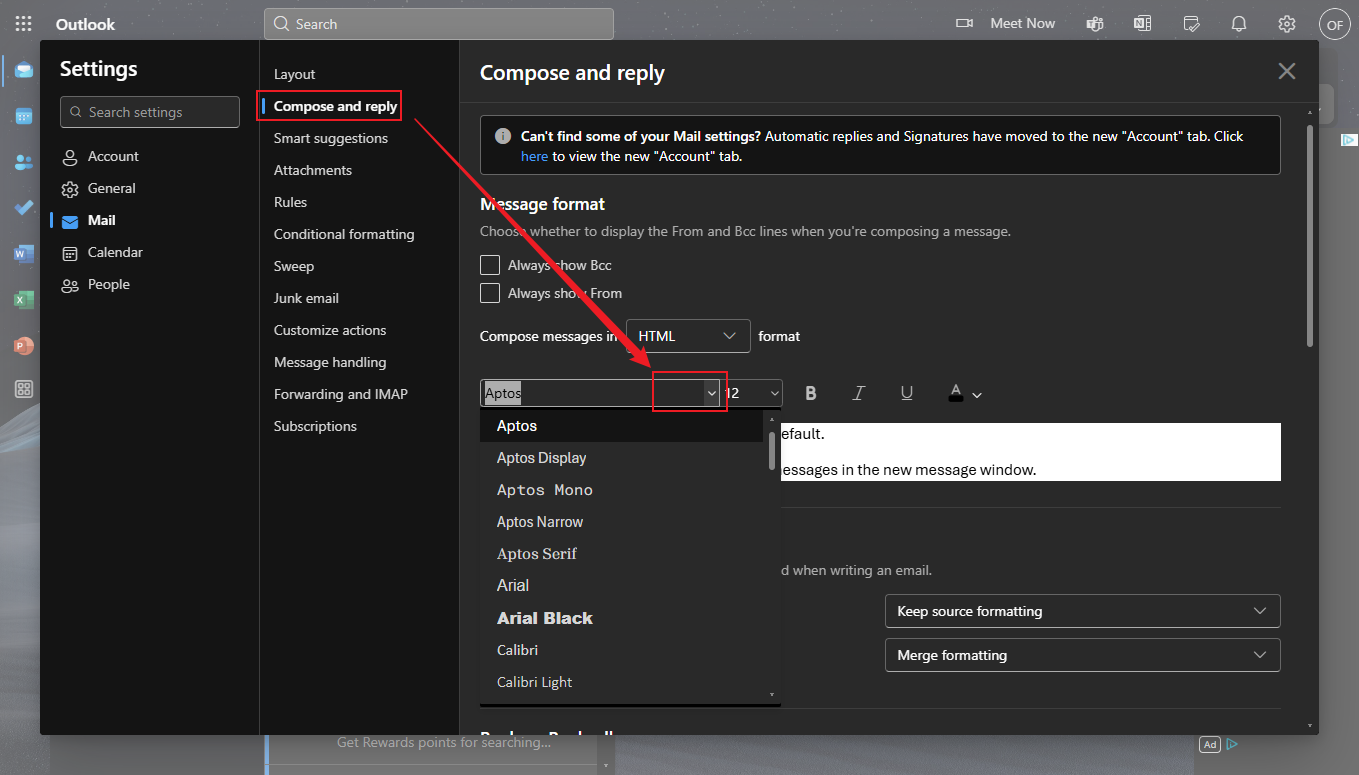 Go to Compose and reply section to choose a desired font format in Outlook for Web
