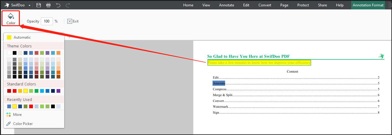 Change highlight color in Adobe Acrobat alternative SwifDoo PDF step 3