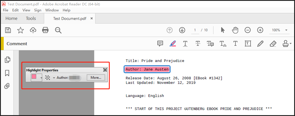 Change highlight color in Adobe using properties toolbar step 1