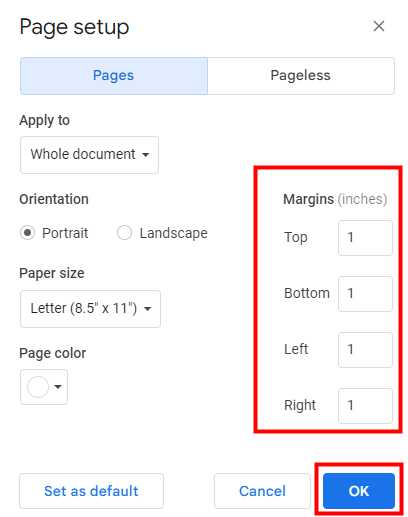 Change margins in Google Docs directly via Page Setup 2