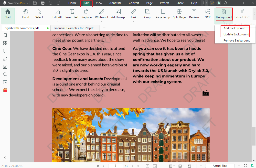 Go to Edit and click Background in SwifDoo PDF