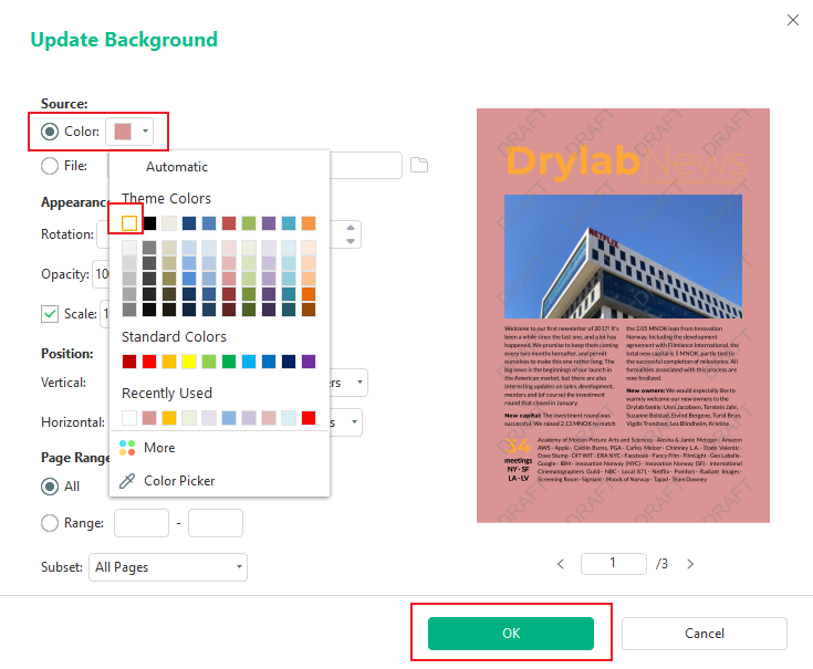 Select white from the color palette and click OK in the Update Background window of SwifDoo PDF