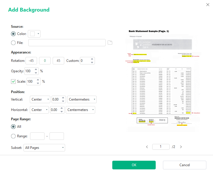 Select white from the color palette and click OK in the Add Background window of SwifDoo PDF