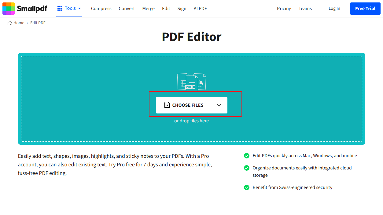 Click CHOOSE FILES to import your PDF file into Smallpdf