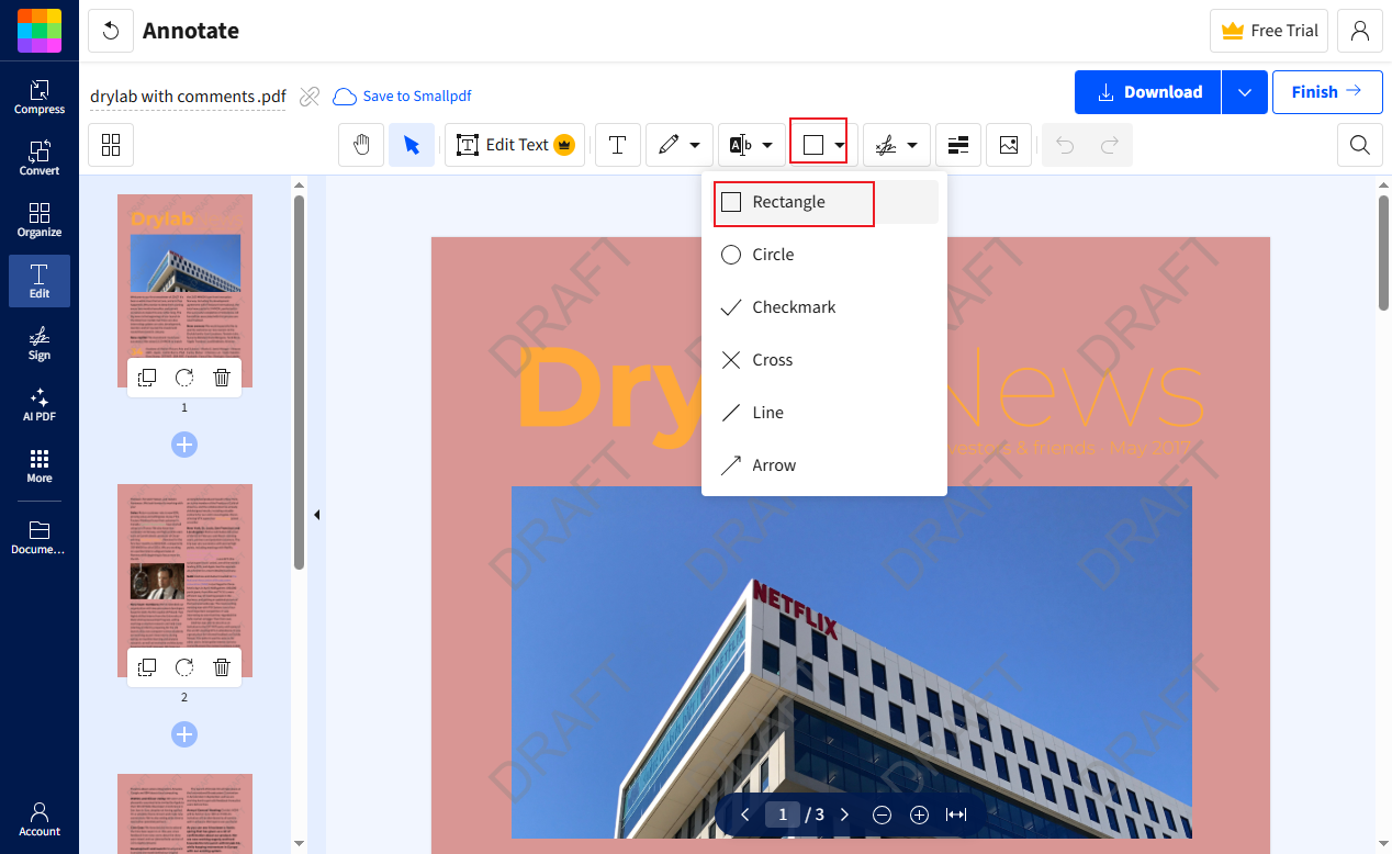 Click Shapes and select Rectangle in Smallpdf
