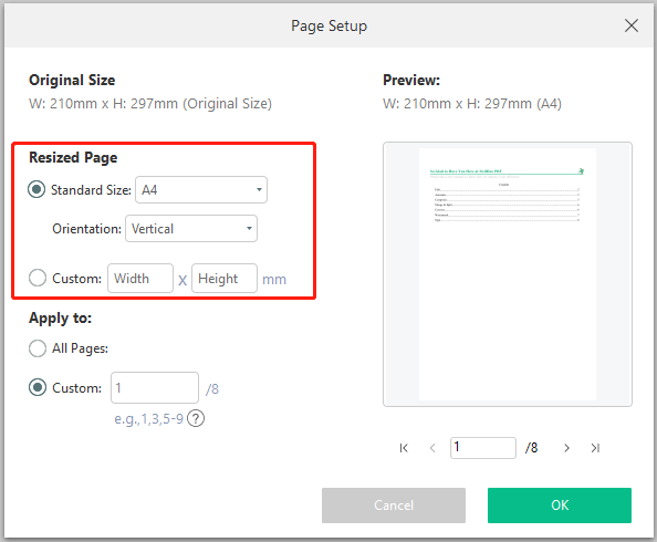 how to change the pdf size of a document