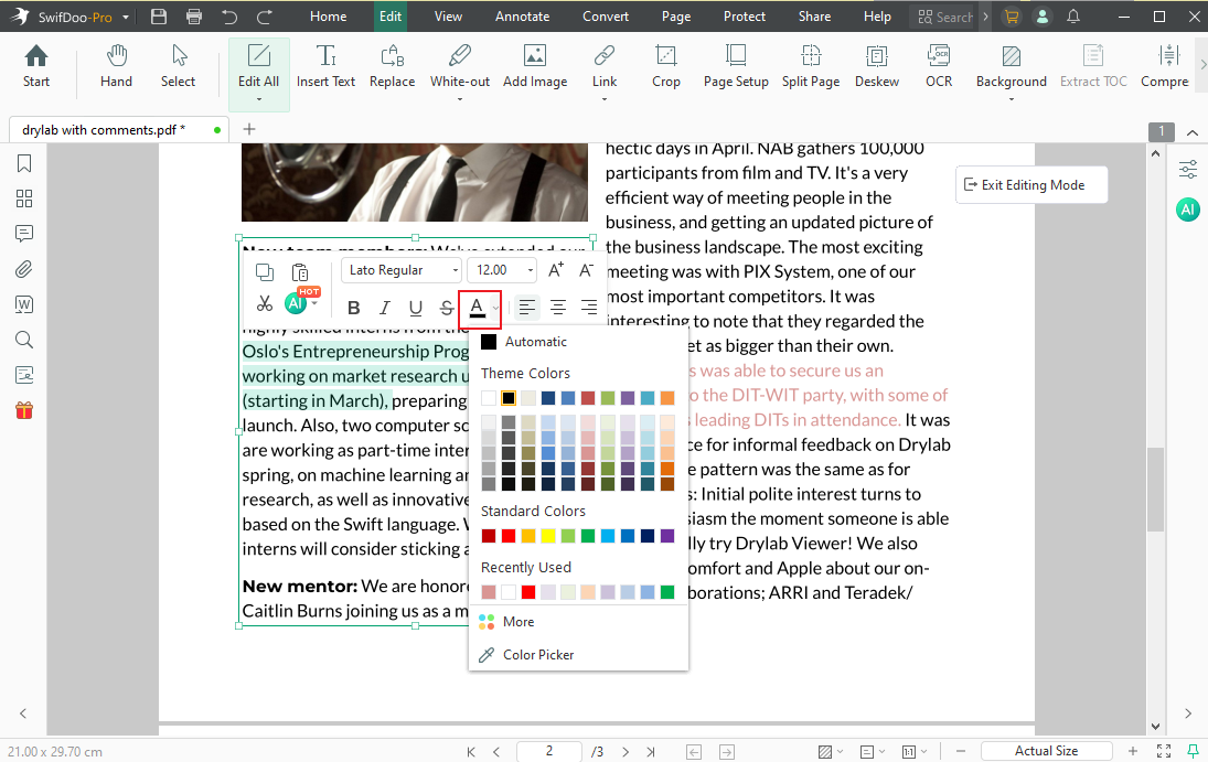 Select the target text and open the text color dropdown in SwifDoo PDF