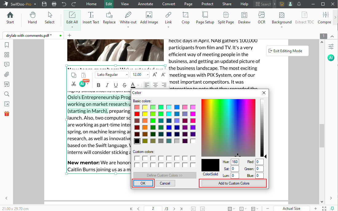 Create a custom color in SwifDoo PDF
