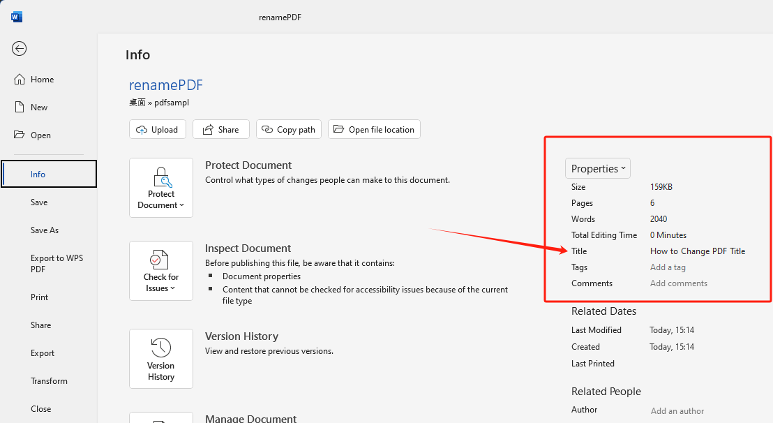 Change Title of PDF in Microsoft Word