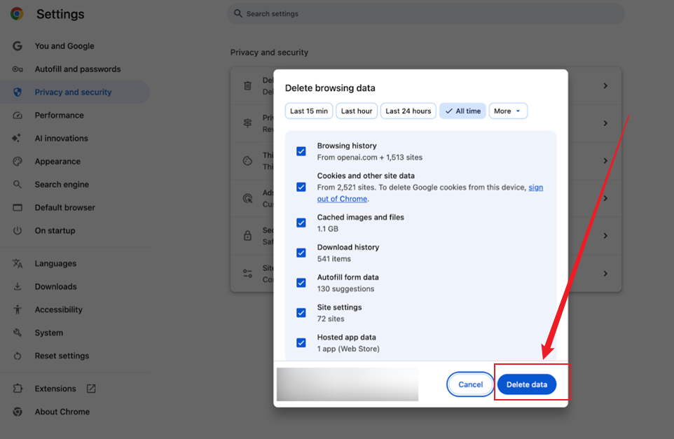 Click the Delete data button in Chrome