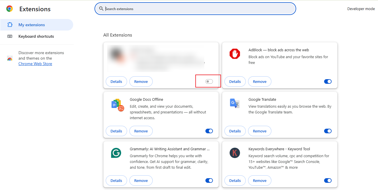 Toggle off the problematic extension in Chrome