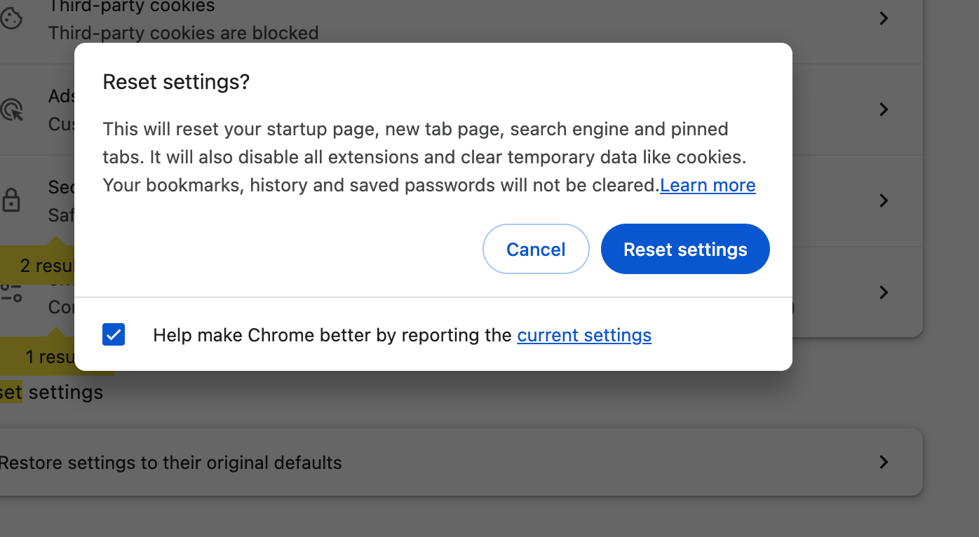 Click the Reset Settings button