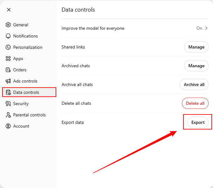 Go to Data controls and click the Export button in the Settings window of ChatGPT