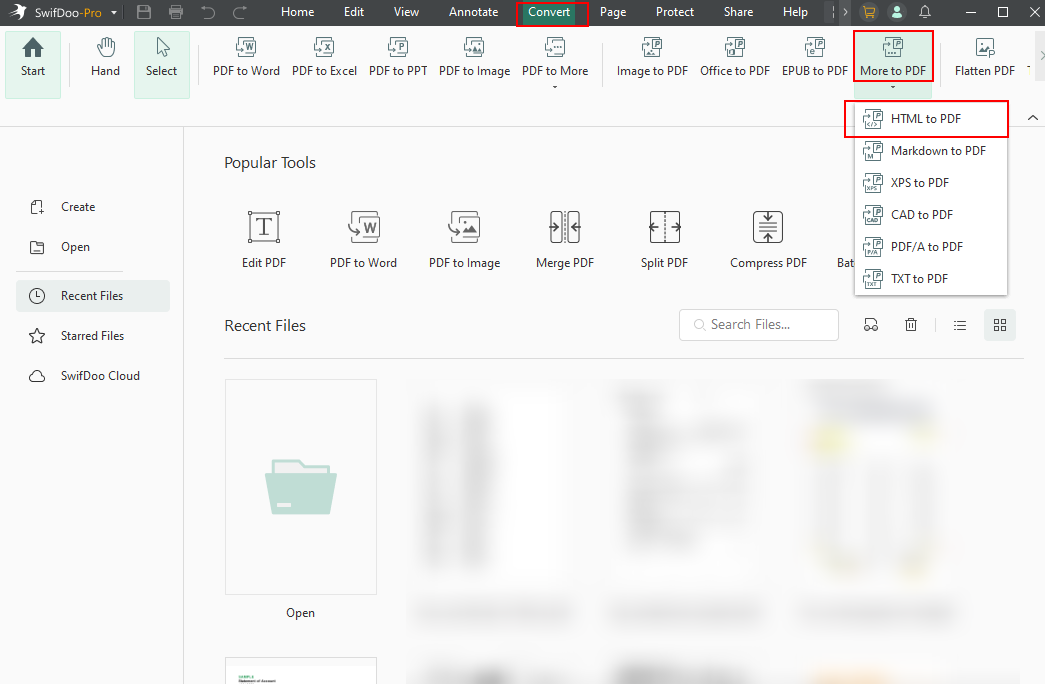 Click Convert and select the HTML to PDF option from the More to PDF list in SwifDoo PDF