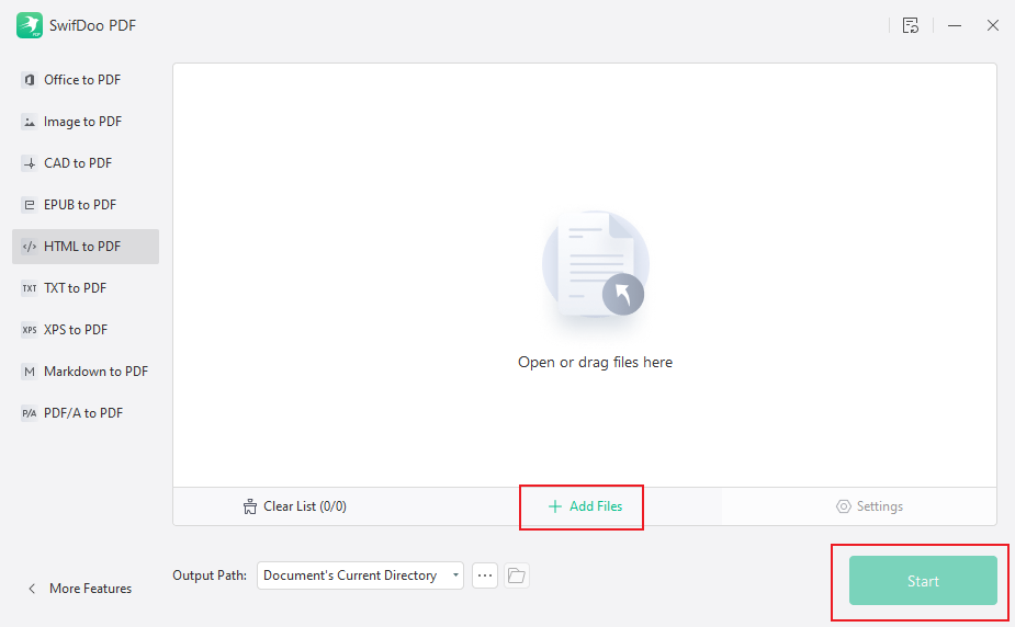 Click Add Files to import your ChatGPT conversation HTML file and click Start in SwifDoo PDF