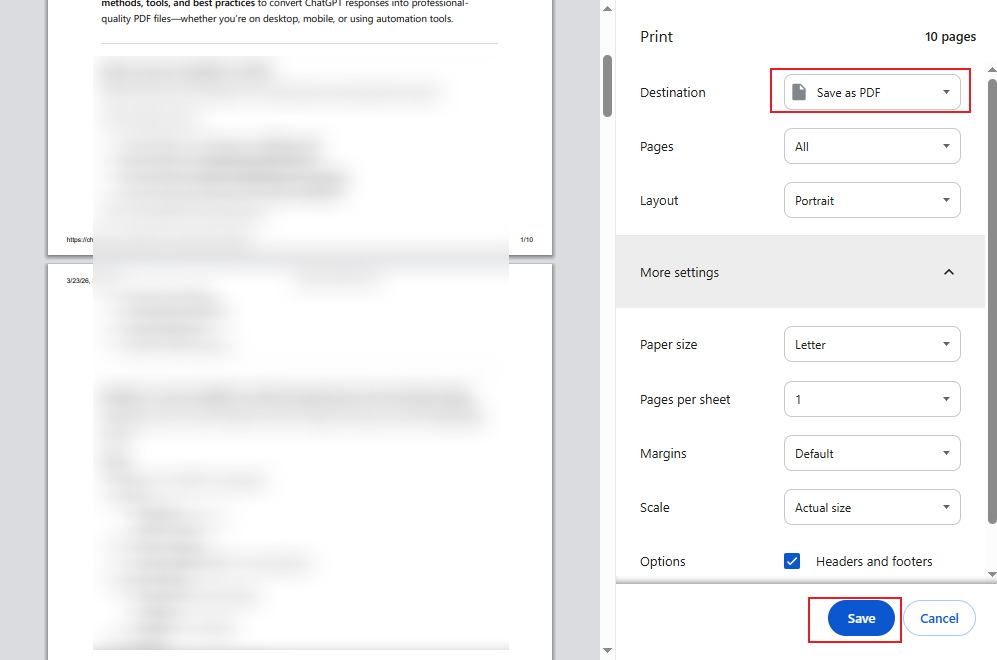 Set Save as PDF as Destination in the browser’s Print dialog