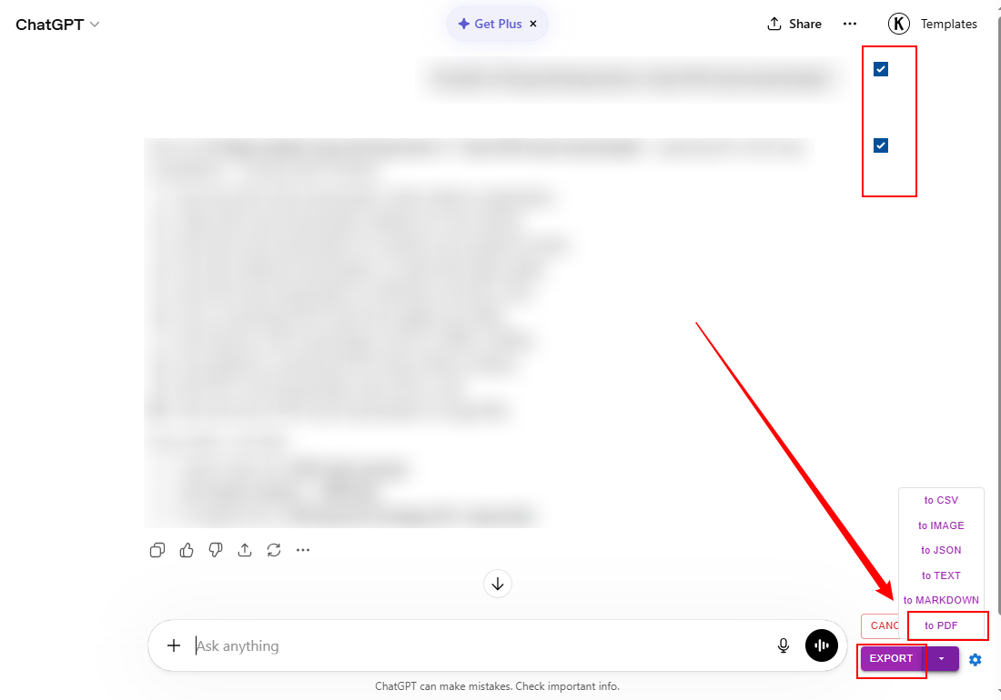 Click SELECT to choose the ChatGPT messages and click EXPORT to choose the “to PDF” option