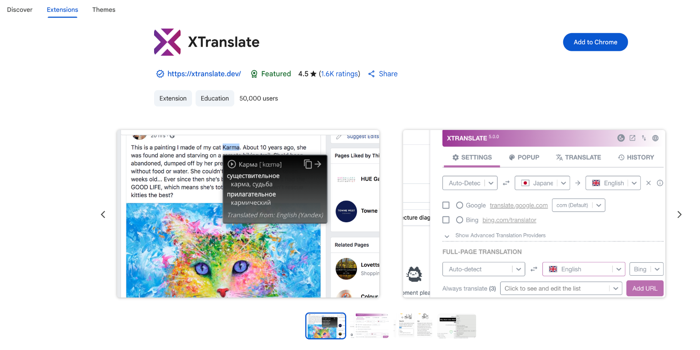 XTranslate Chrome translation extension
