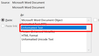 Clear formatting in Word using the paste special feature 2
