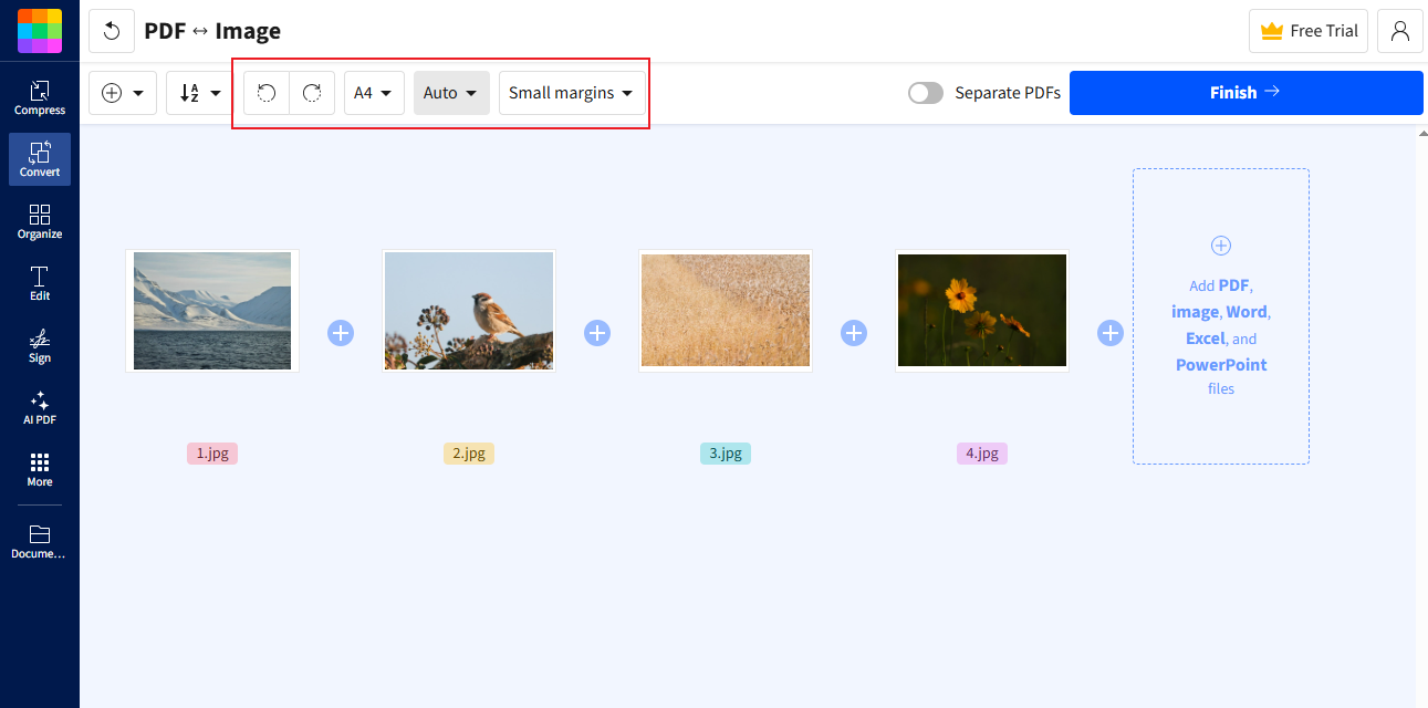 Edit the uploaded images based on your needs in Smallpdf