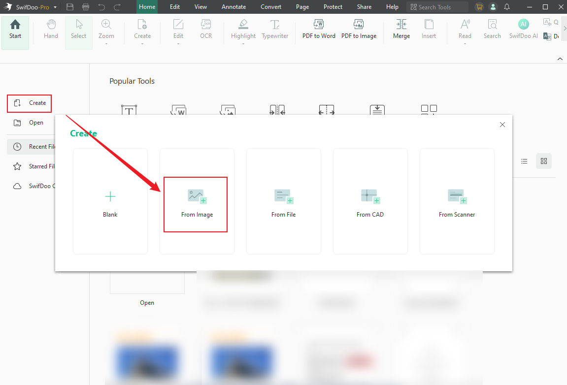 Click Create and select the From Image option in SwifDoo PDF