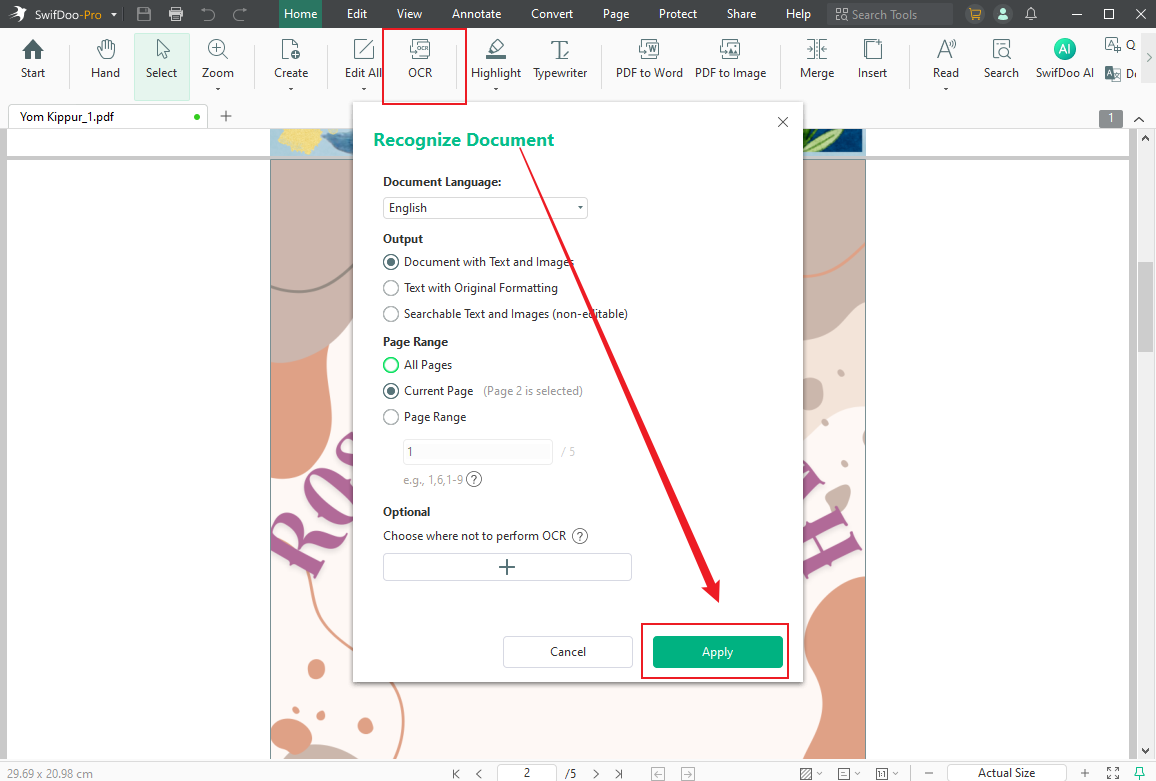Click the OCR option to make the image PDF editable in SwifDoo PDF