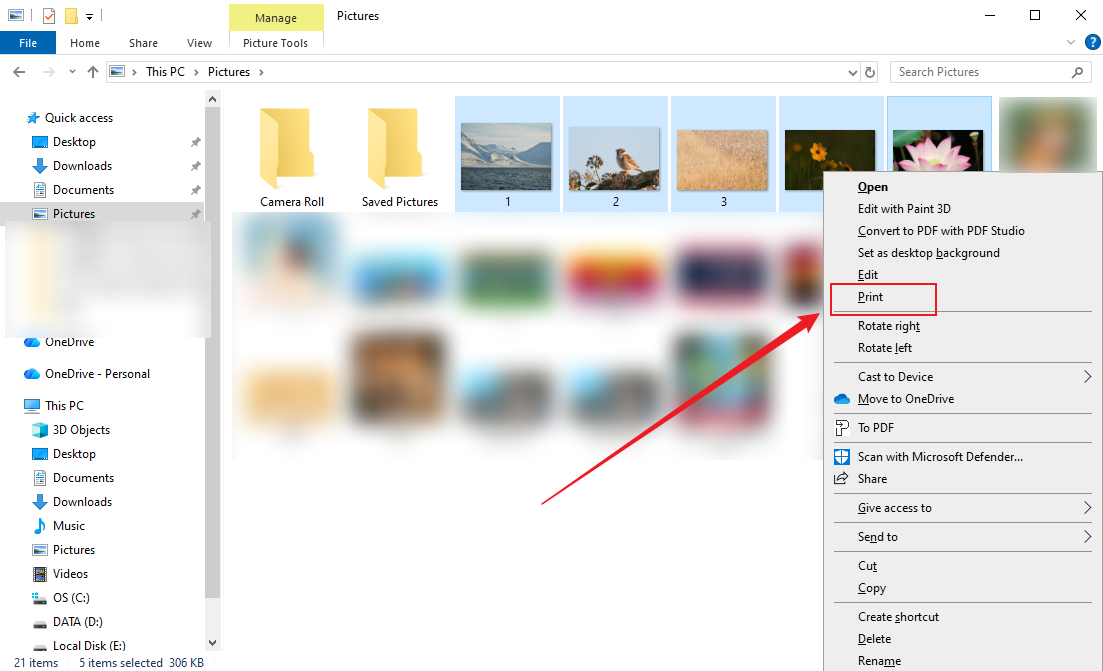 Right-click the selected image and click the Print option in File Explorer