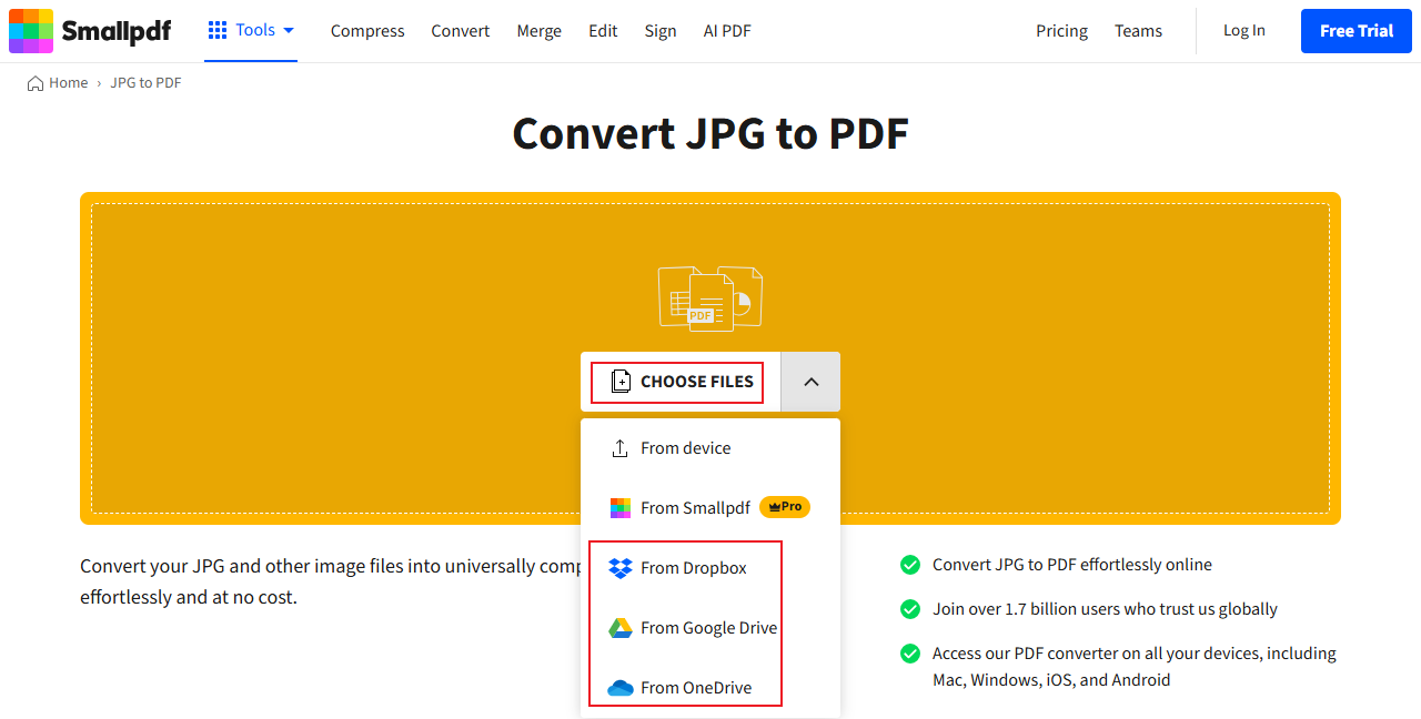 Click CHOOSE FILES to upload your images into Smallpdf