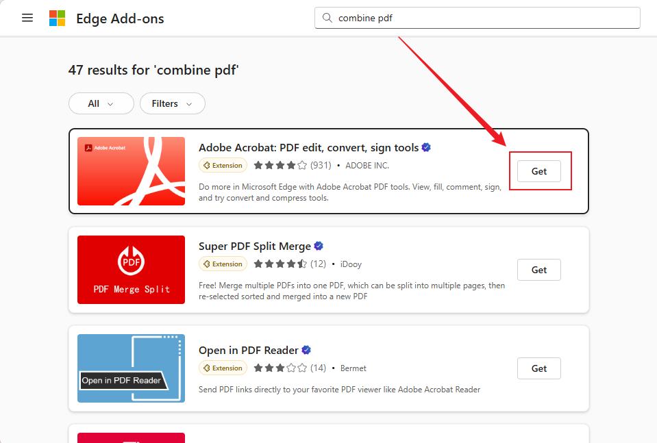 Select the desired Edge extension and click Get to install it