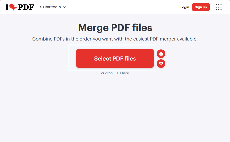 Click Select PDF file to upload the PDFs you want to merge in iLovePDF