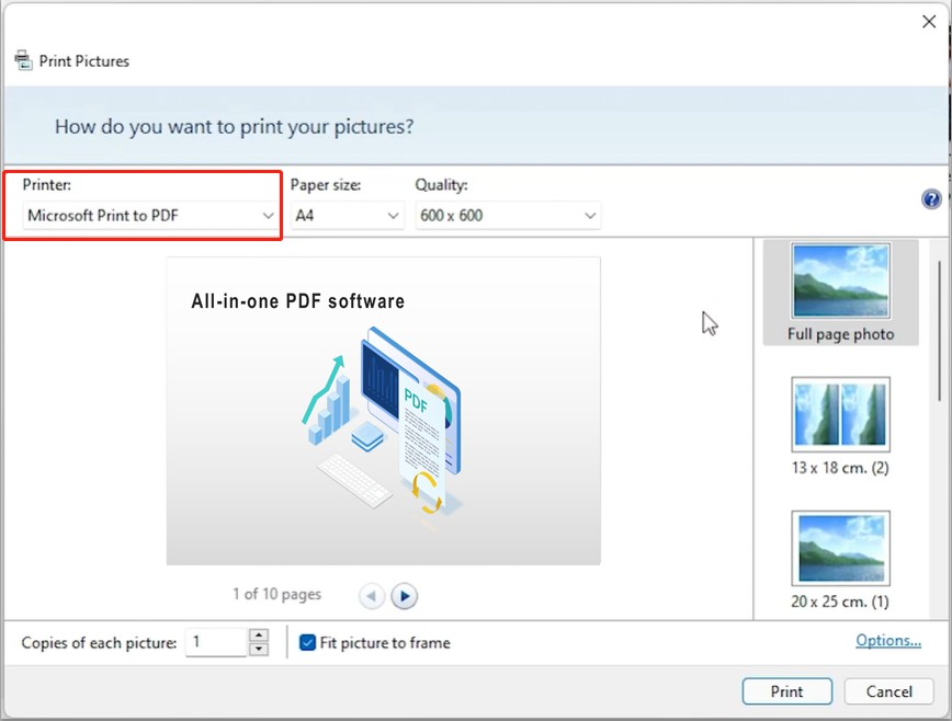 Combine PNG to PDF using Microsoft Printer step 3