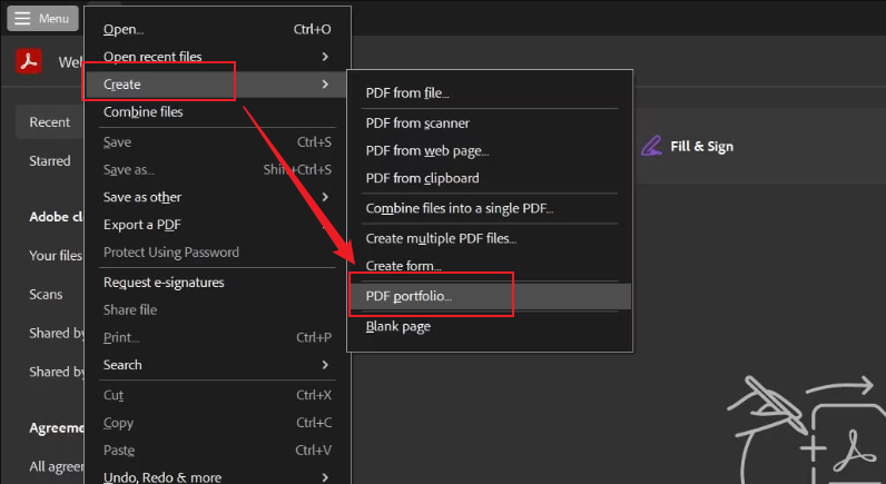 Go to Create and select PDF portfolio in Adobe Acrobat